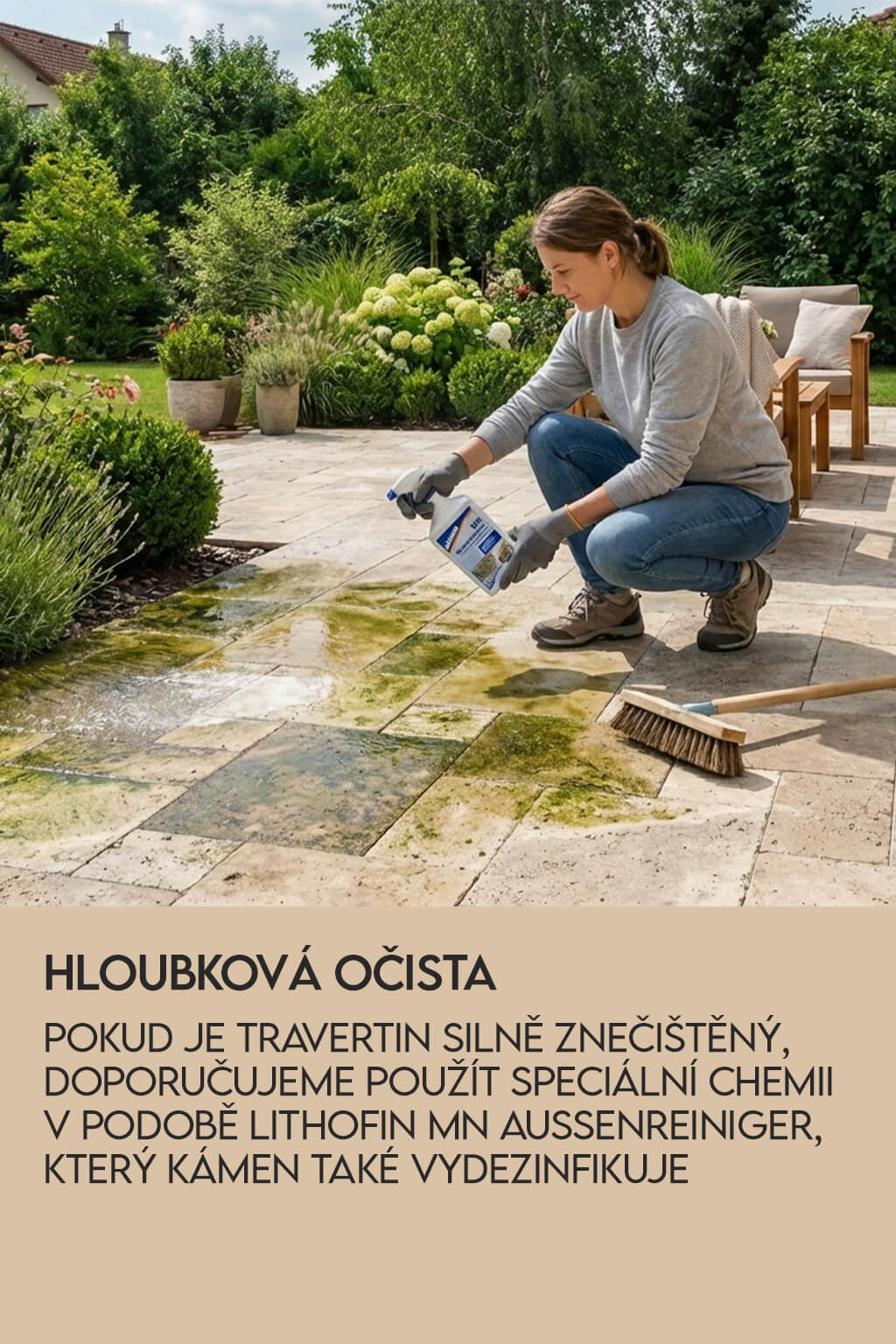 Jak hloupkově vyčistit kamennou dlažbu travertin - speciální chemie